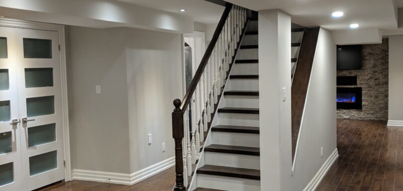 Vaughan finished basement: staircase and open living area