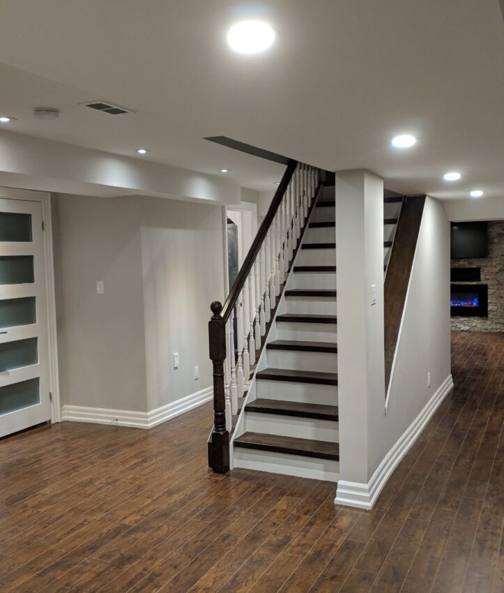 Vaughan finished basement: staircase and open living area