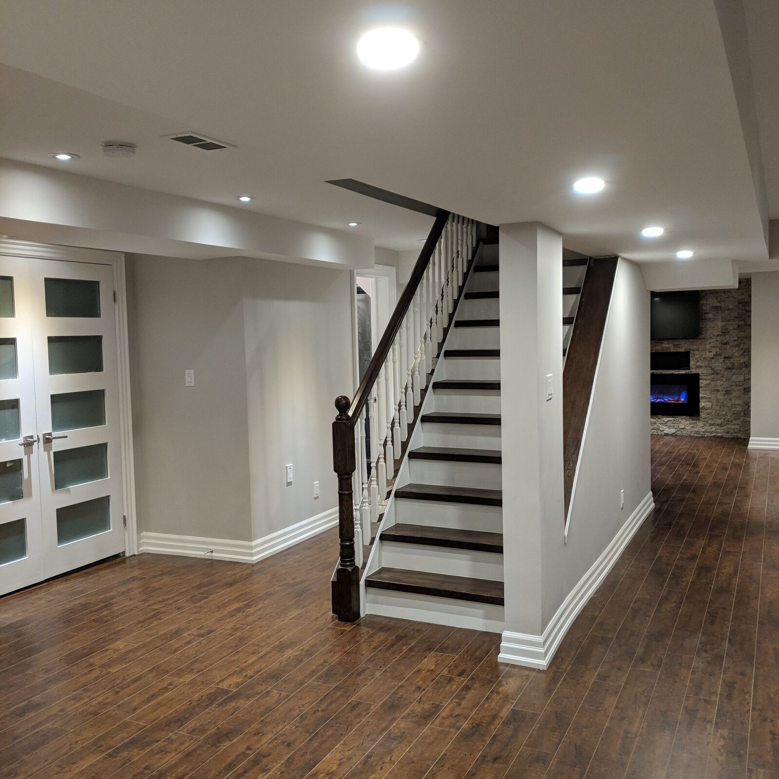 Vaughan finished basement: staircase and open living area