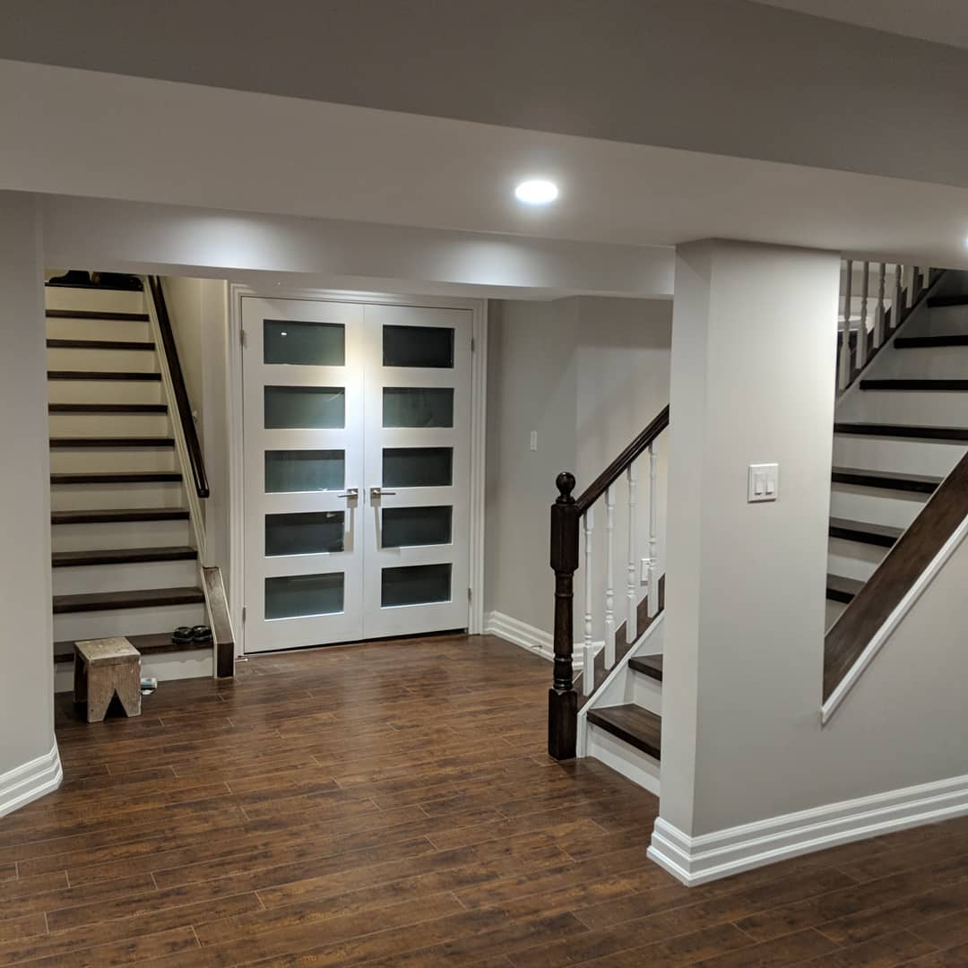 Vaughan finished basement: stairs and french doors into the basement