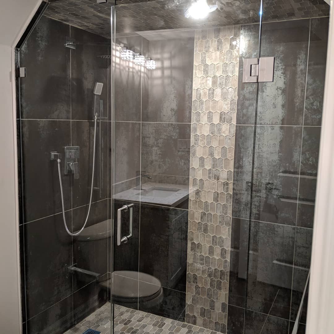 Vaughan finished basement: glass shower with mosaic accent wall