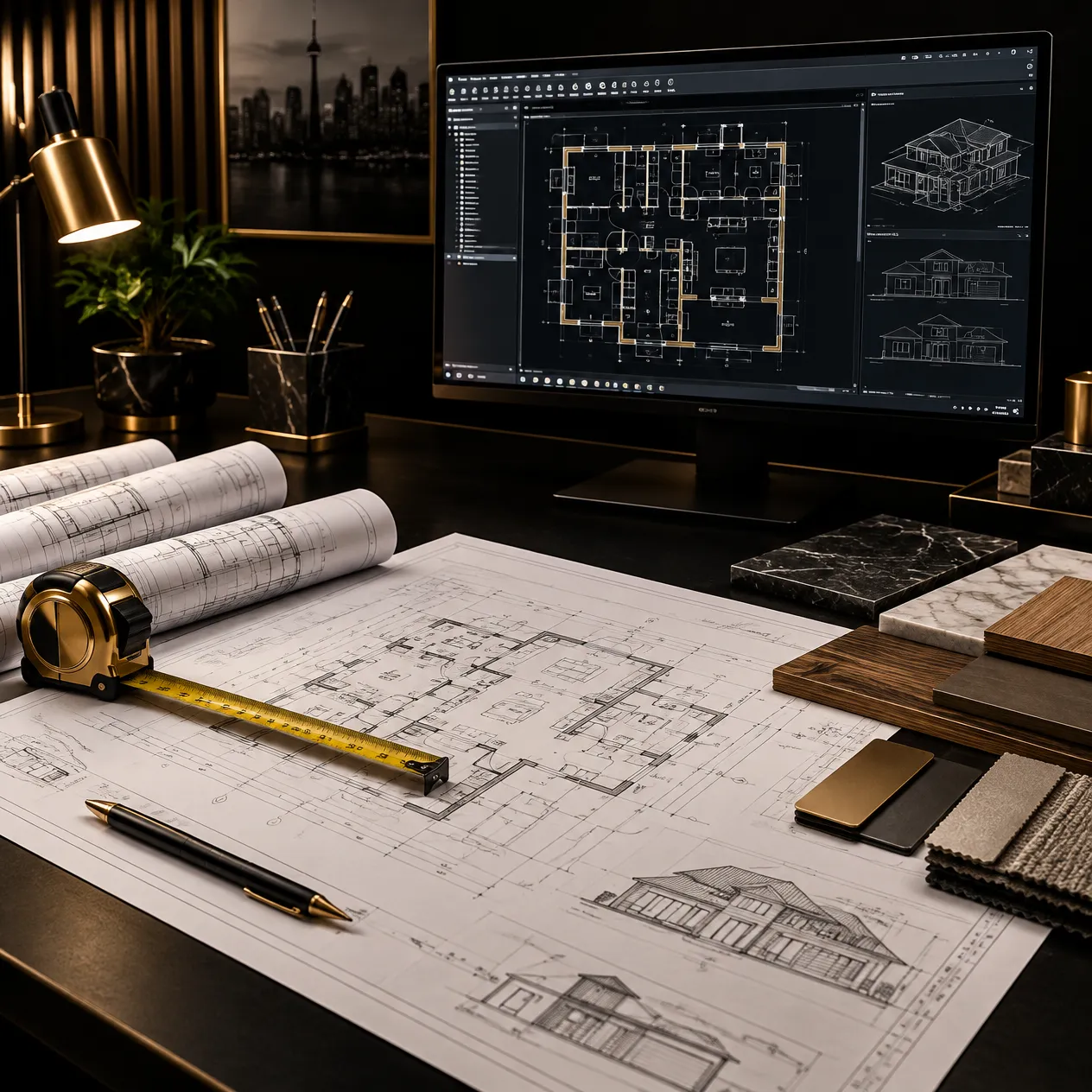 Blueprints, a tape measure and material samples laid out on a drafting desk