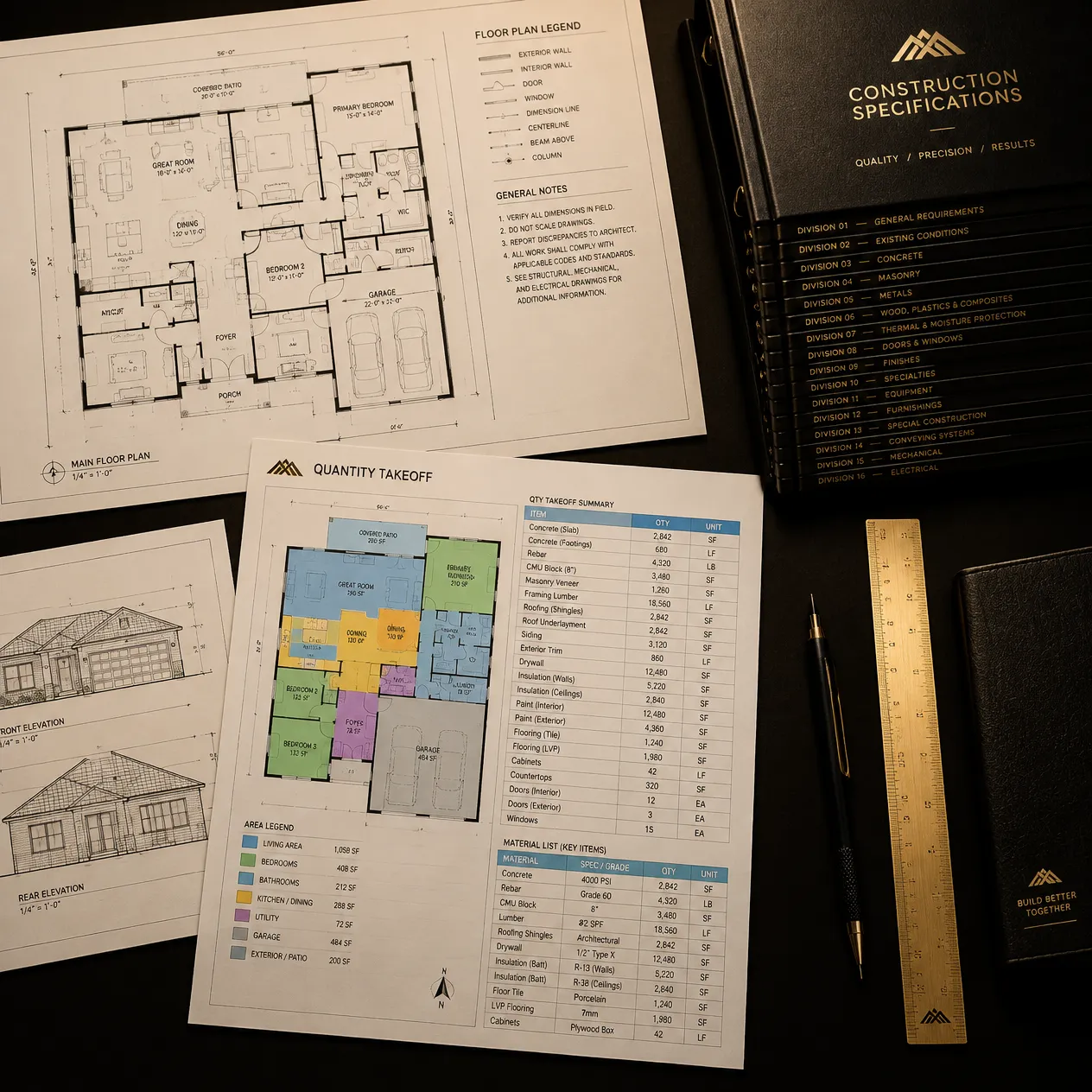 A floor plan, a specification book and a colour-coded quantity takeoff sheet laid out together