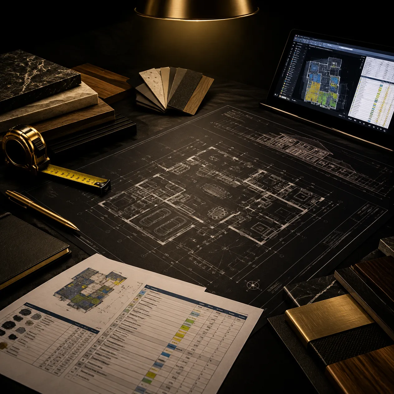 A dark blueprint table with material samples and a laptop showing a project plan