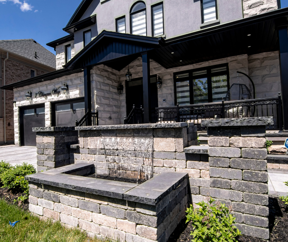 Chinzan, Brampton luxury rebuild: Front exterior with stone base and gable detail