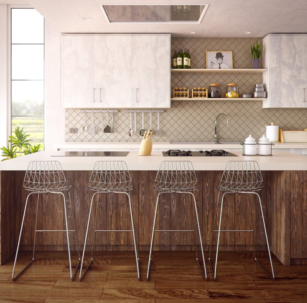 Modern kitchen interior design, stock photo for illustration
